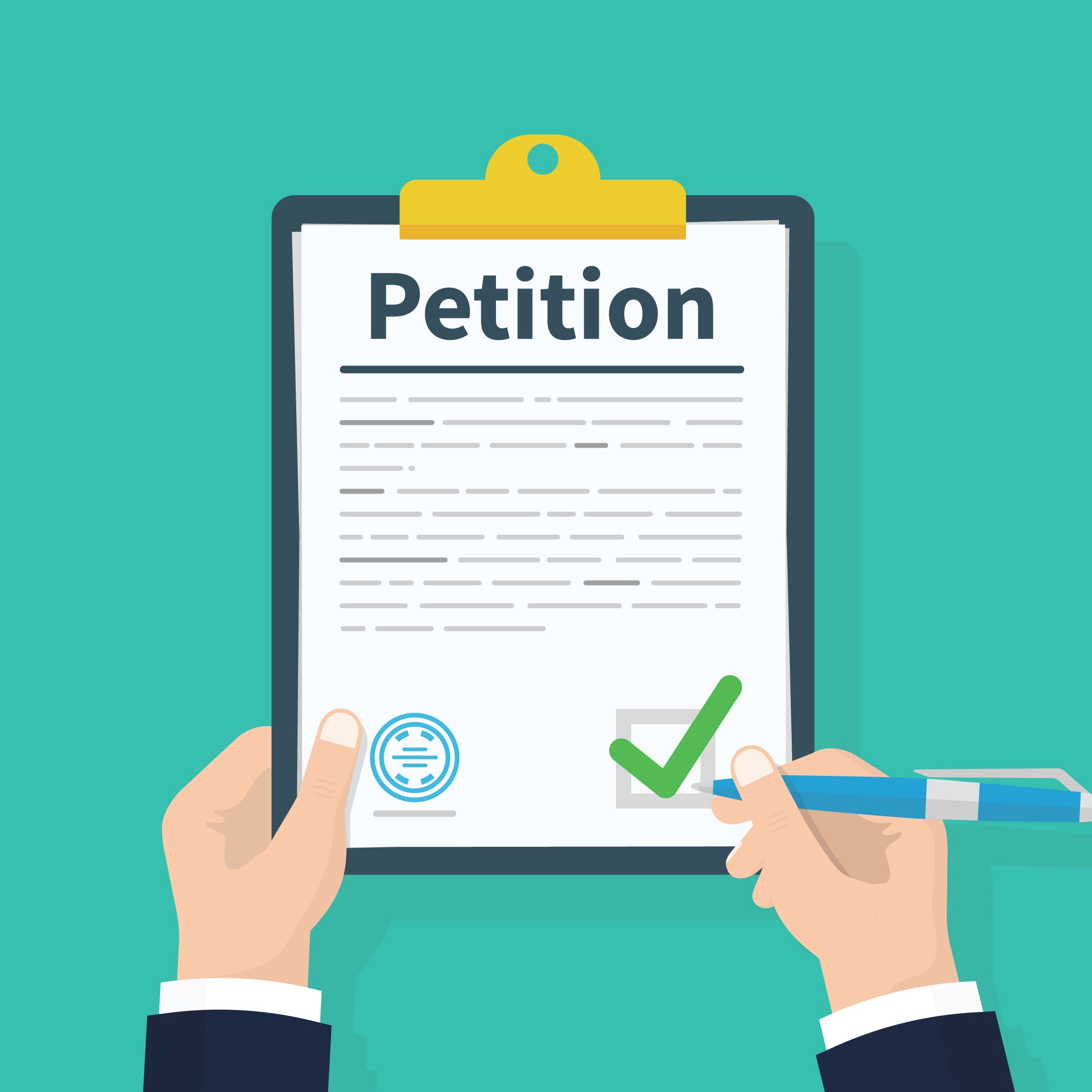 Illustration of hands holding a clipboard with a petition on it